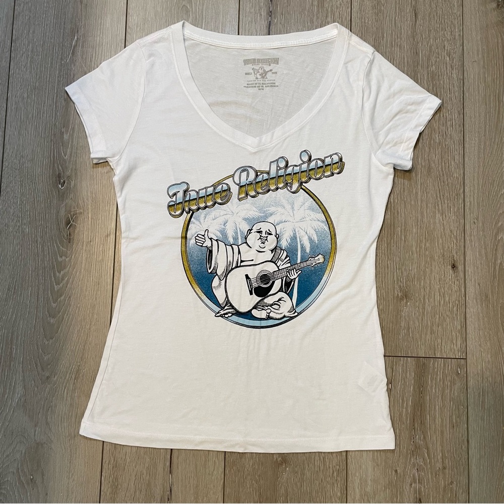 True Religion Women's White Buddha‎ Guitar V-Neck Graphic Tee Shirt Y2K Medium - Picture 2 of 7